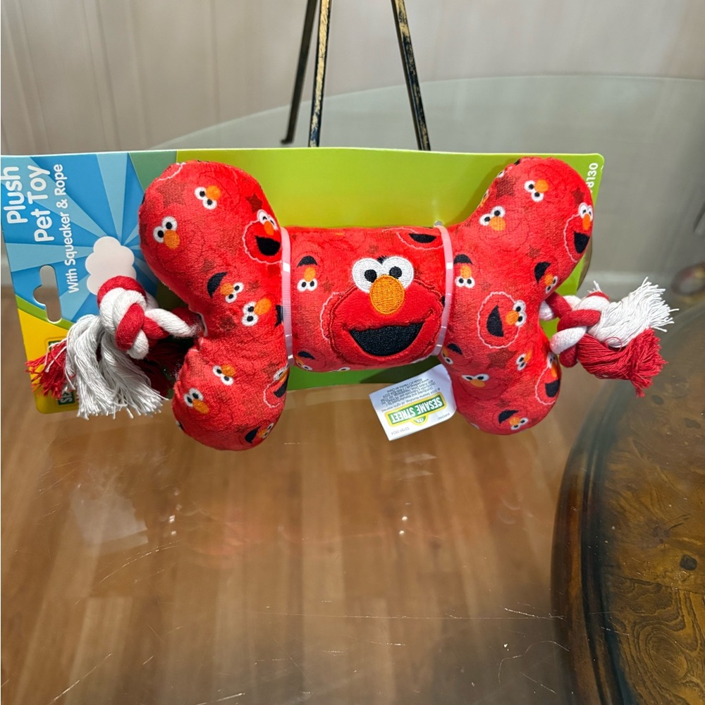Sesame Street Plush Pet Toy Squeaker & Rope Elmo  9in Red And Orange